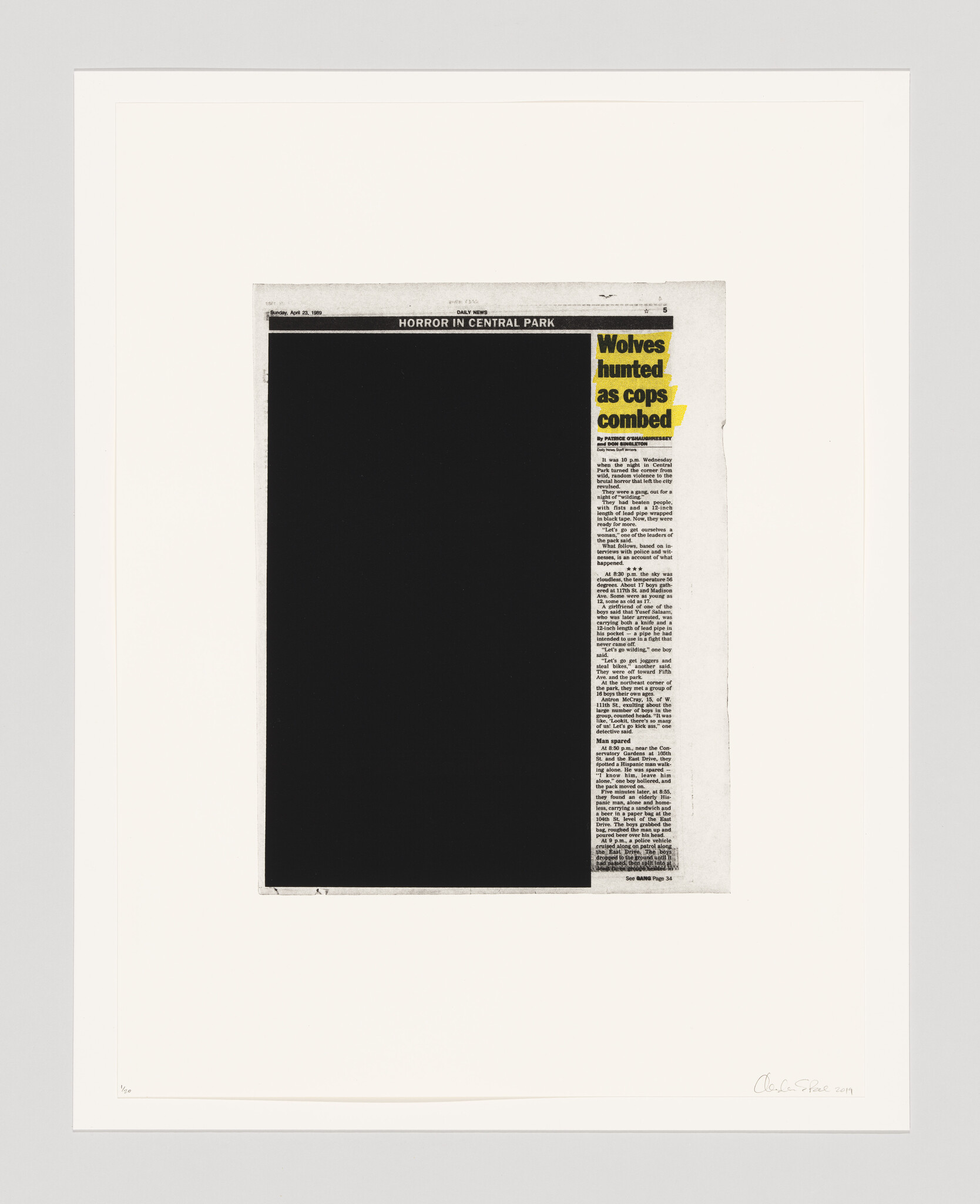 News article with yellow highlighted headline “Wolves hunted as cops combed” on right and redacted photos and text on left