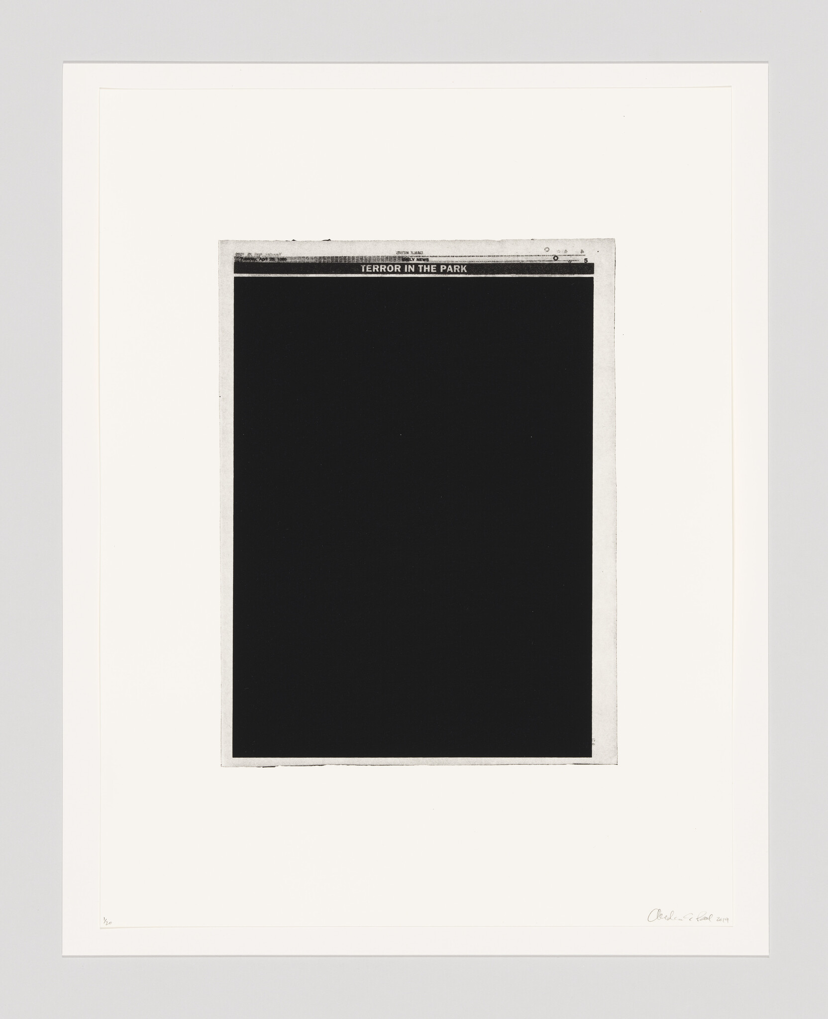 A framed white print with a large black rectangle and the headline "TERROR IN THE PARK" at the top.