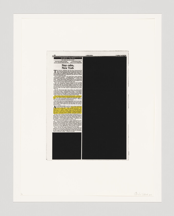 Newspaper page titled "Stay calm, New York" with large black redactions and two highlighted paragraphs.