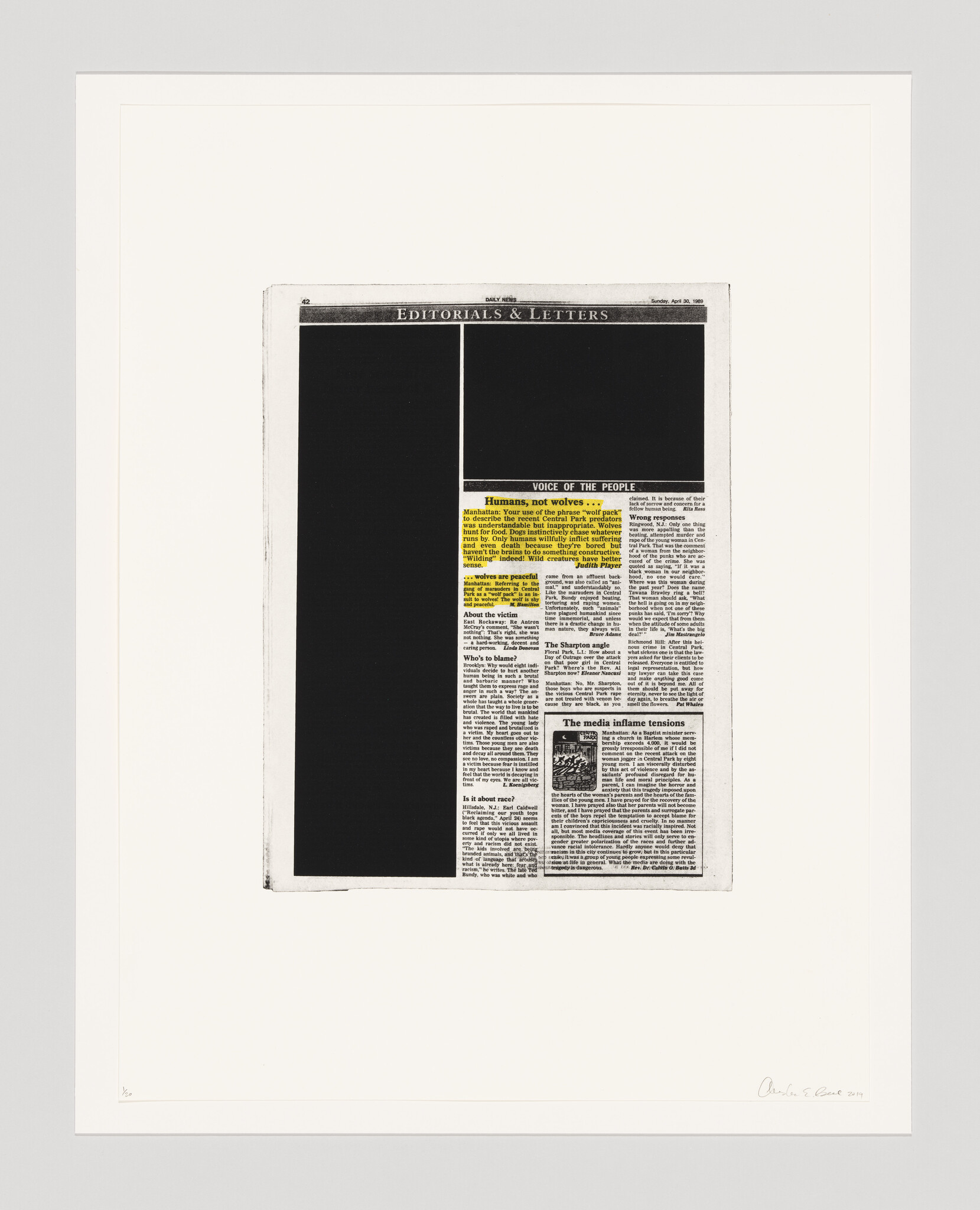 A newspaper editorial page with yellow highlighted sections alongside blocks of blacked out sections