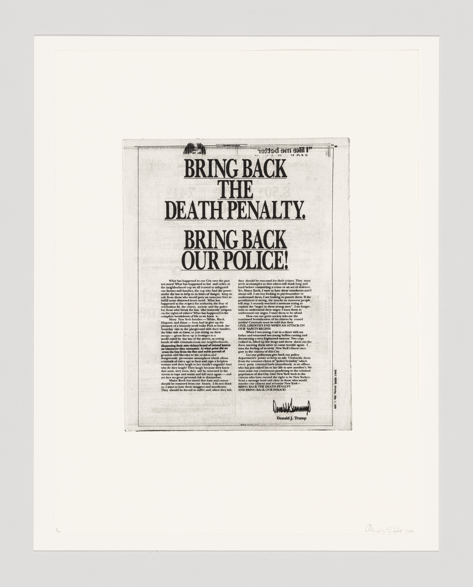 Poster with bold headline calling to bring back the death penalty and bring back our police.