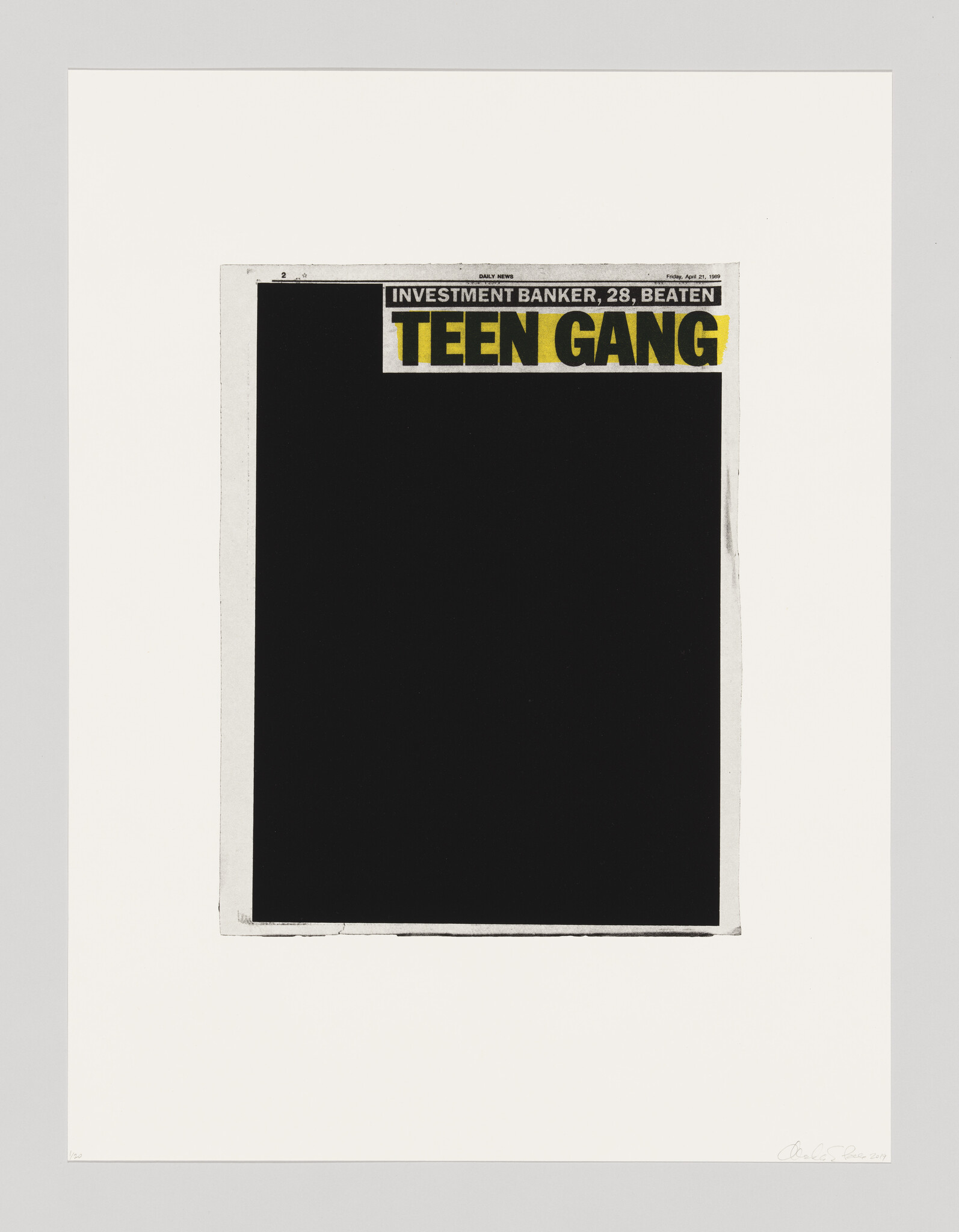 Newspaper front page with bold headline "Teen Gang" above a large black block.