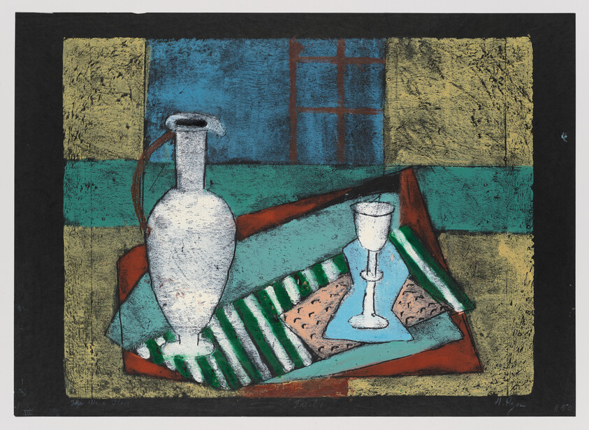 A white ceramic pitcher and a goblet sit on a striped cloth with a window behind.