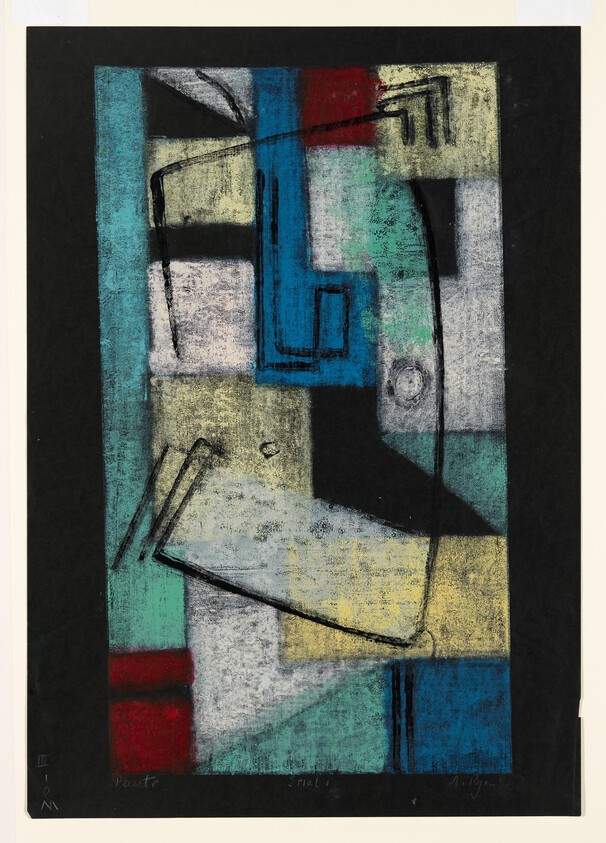 Abstract composition of colored geometric blocks with a bold black line suggesting a human profile.