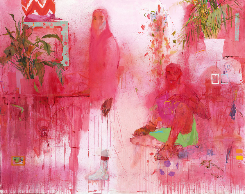 Two fuzzy, magenta figures stare at the viewer as they float among plants and other hazy details.