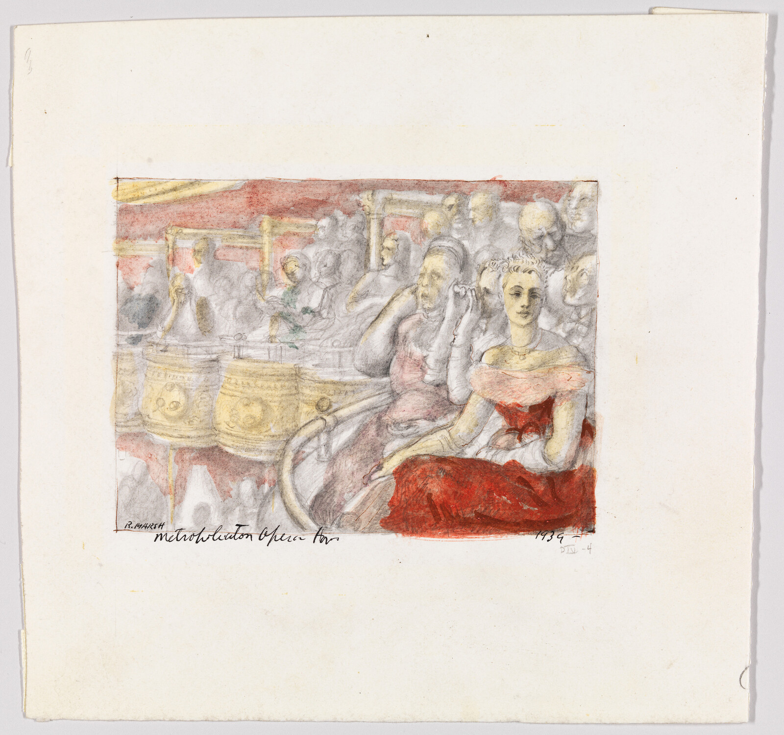 Woman in a red off-the-shoulder gown sits in an opera box while others watch.