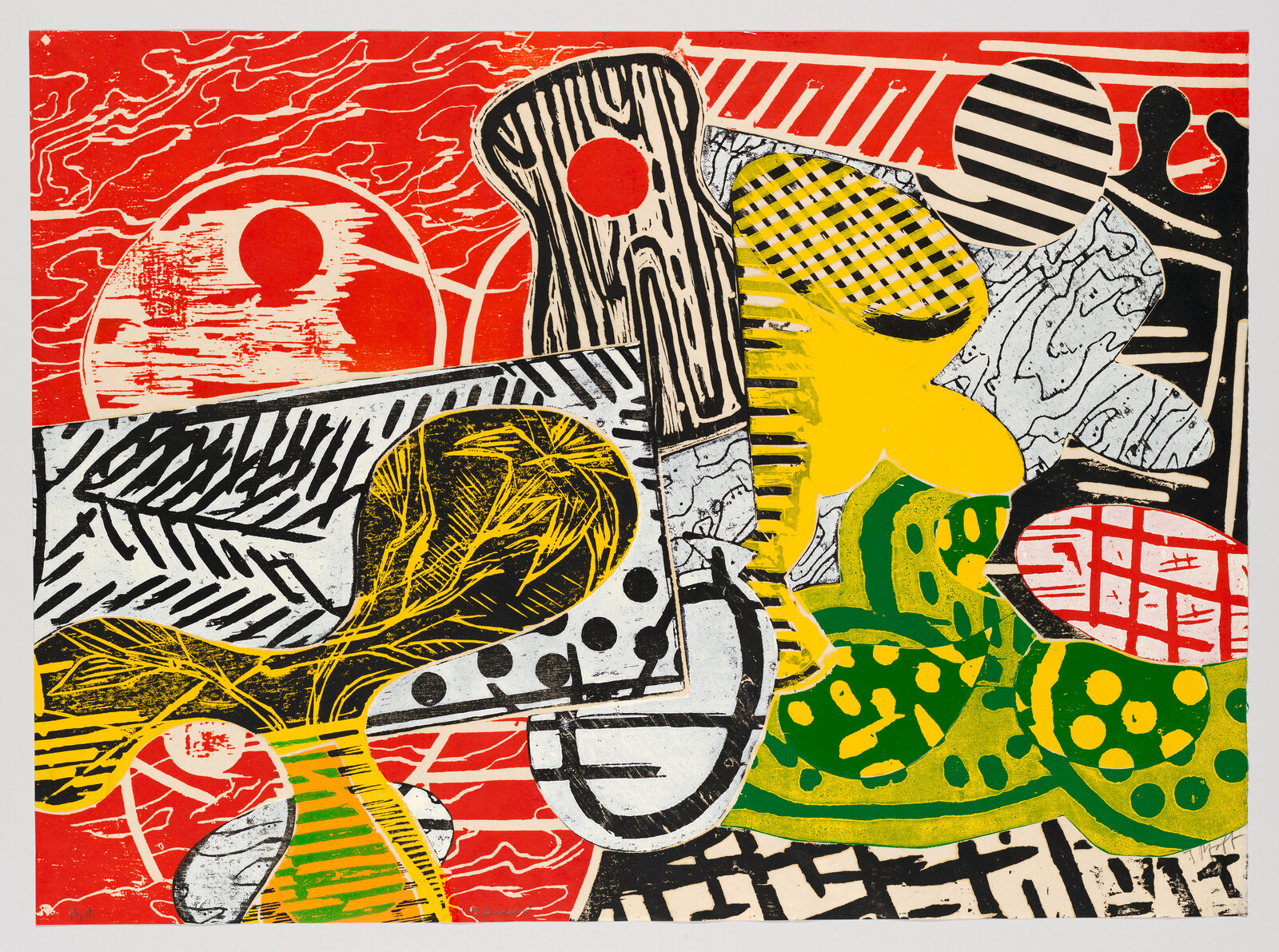 Bright abstract collage of overlapping organic shapes with bold red, yellow, green, and black patterns.