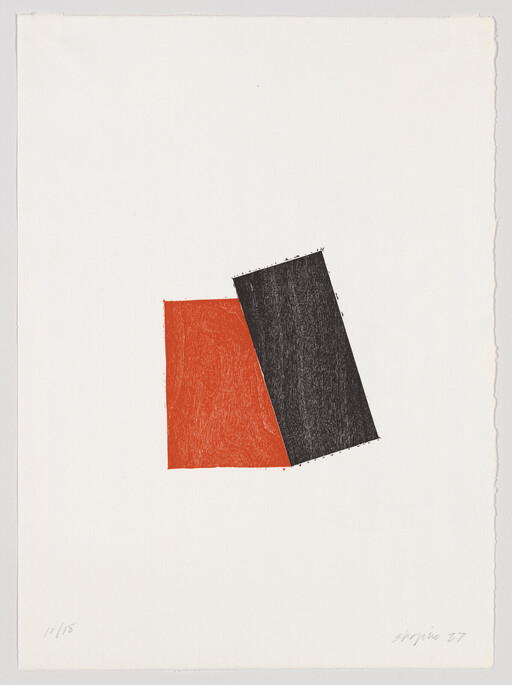 Two overlapping rectangles, one red square and one tilted black rectangle, centered on white paper.