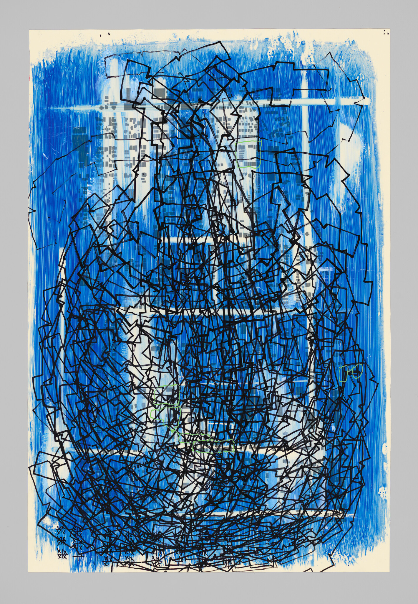 Abstract blue painting covered by dense black scribbled lines forming a chaotic grid.