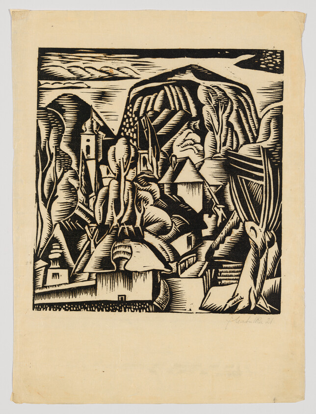 Stylized black-and-white woodcut showing a hillside village with clustered houses, church towers, and trees.