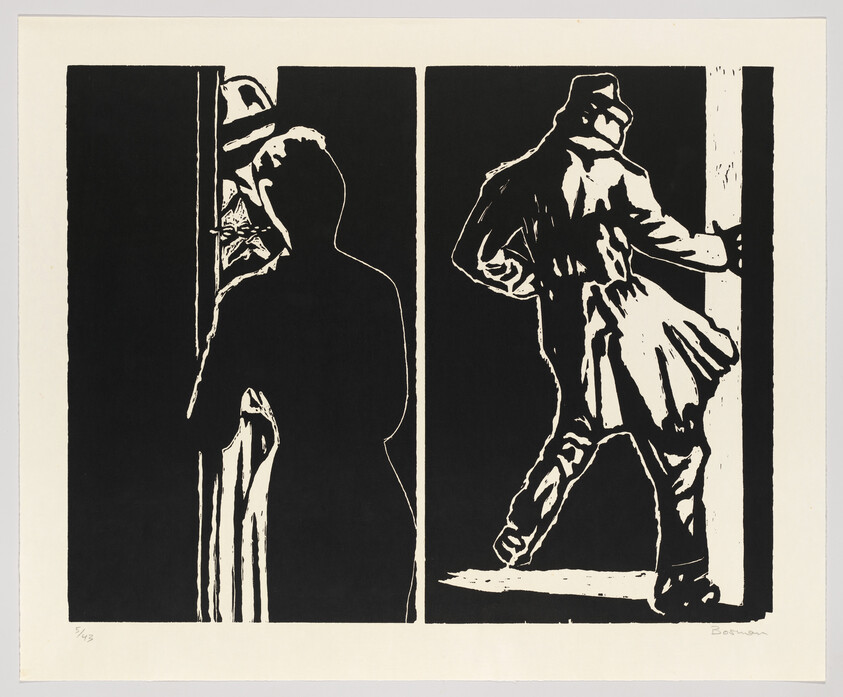 Silhouetted figures in two panels showing a person opening a door and another stepping outside.