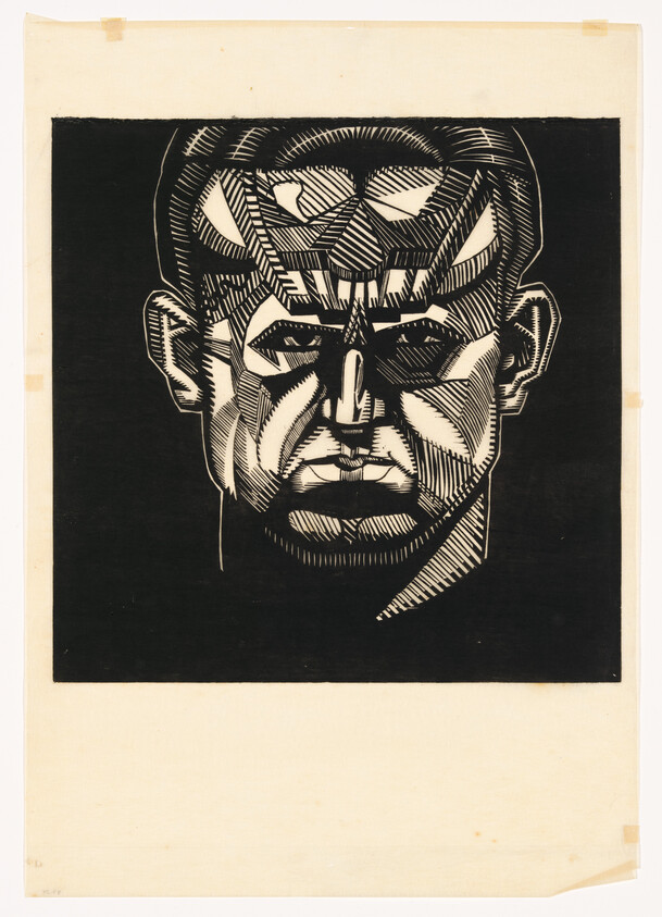 Stark black-and-white woodcut-style male head with bold cross-hatched shadows and strong features.