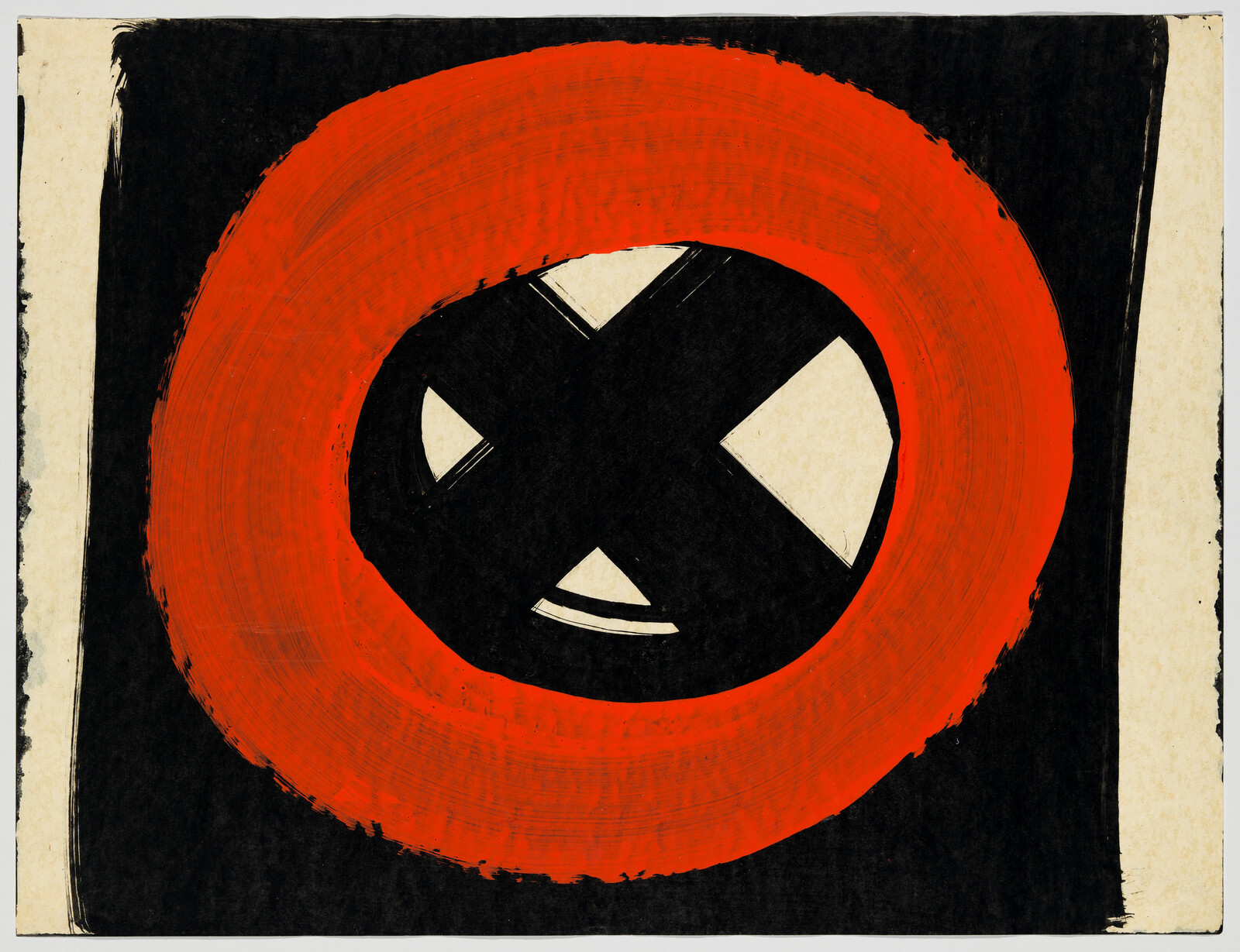 A large brushy red ring surrounds a black circle with white X-shaped cutouts on a black background.