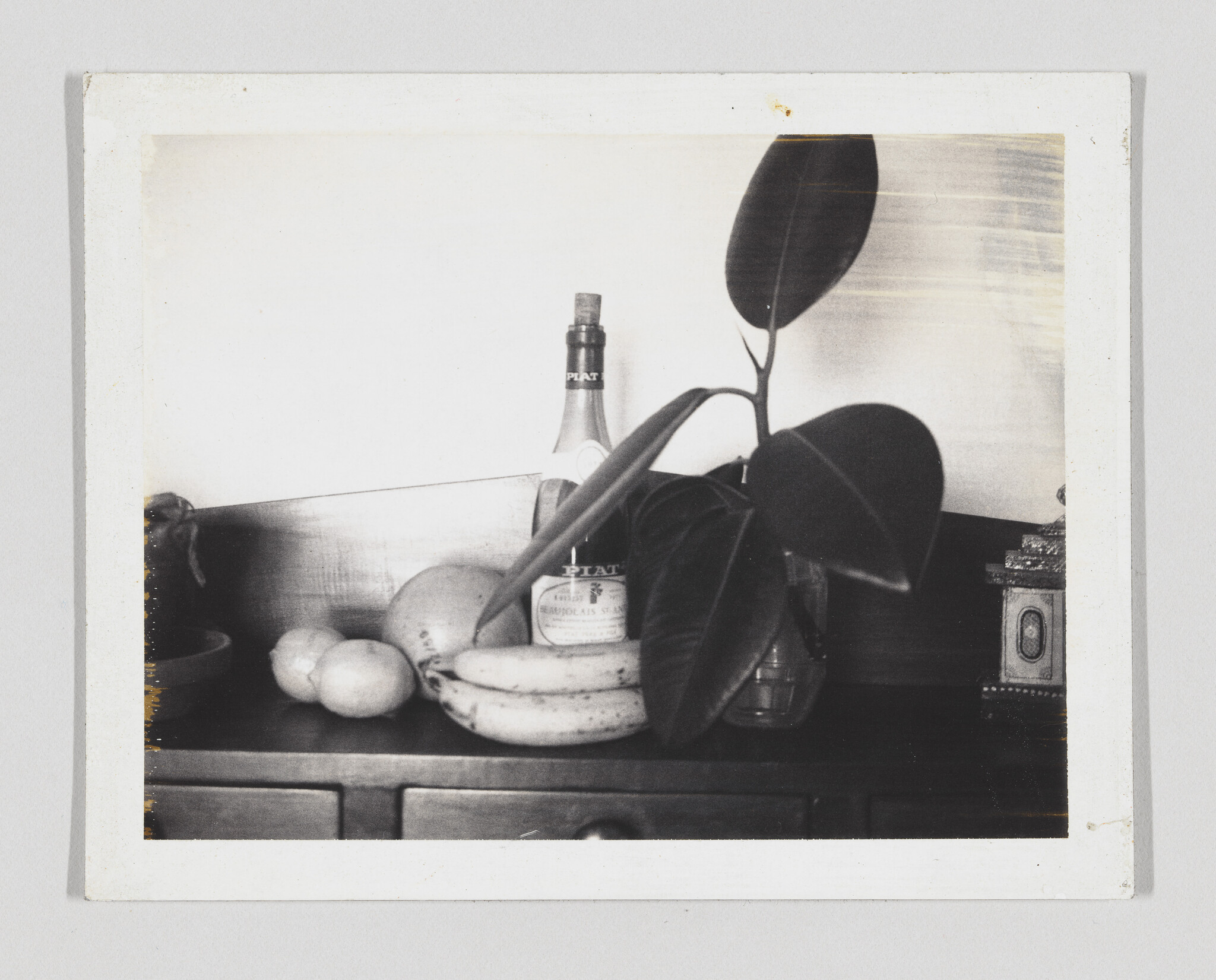 A still-life arrangement of bananas, citrus fruit, wine bottle, and a potted plant on a wooden sideboard.