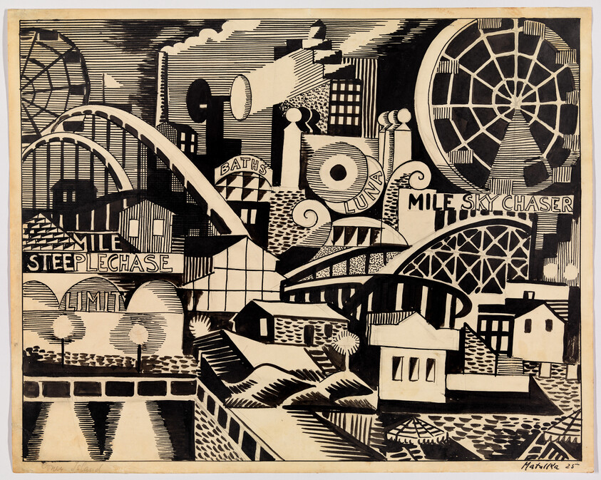 Stylized black-and-white amusement park and city scene with ferris wheels, bridges, and signs.