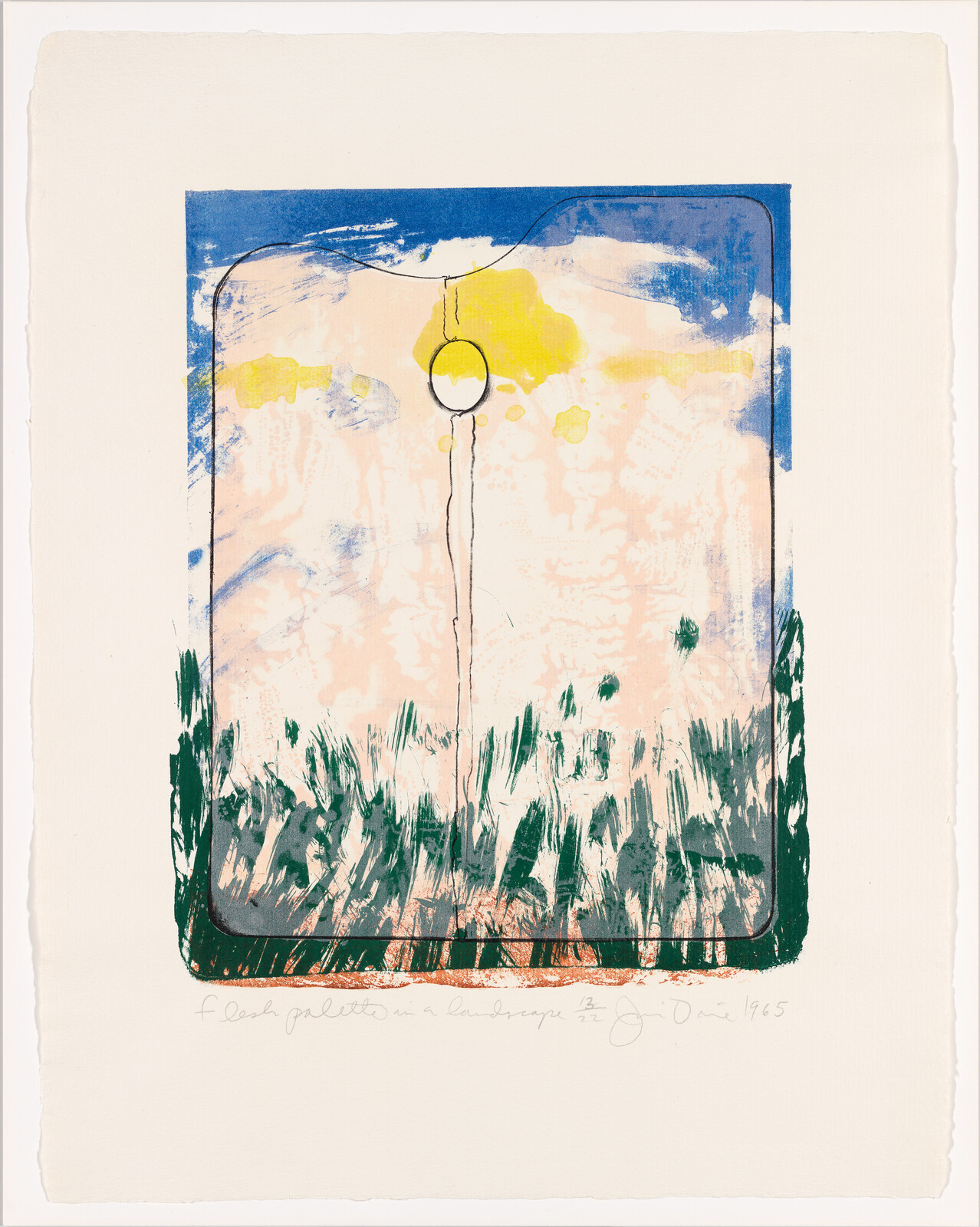 An abstract print showing a vertical pole topped by a circle above grass and blue sky.