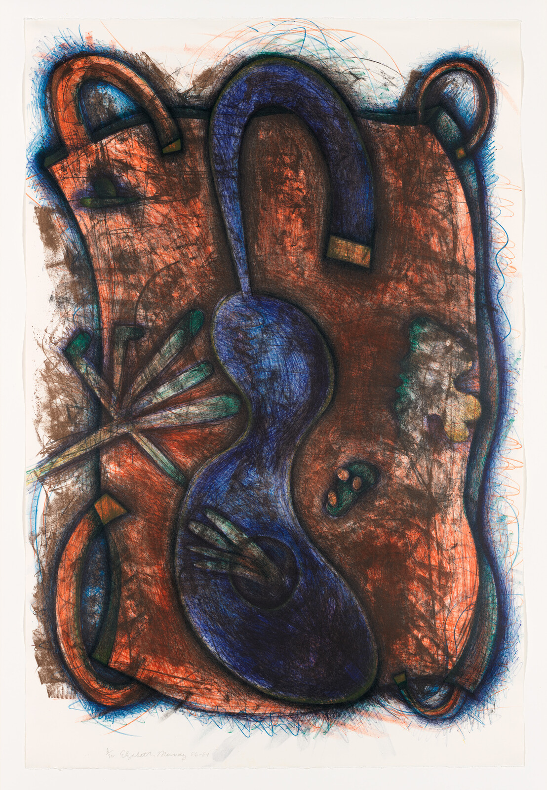 A vibrant abstract artwork featuring a complex interplay of shapes and colors, with dominant hues of blue and brown, and various textures created by overlapping lines and forms. The composition is dynamic, with elements that suggest organic and geometric forms coexisting in a richly layered visual space.