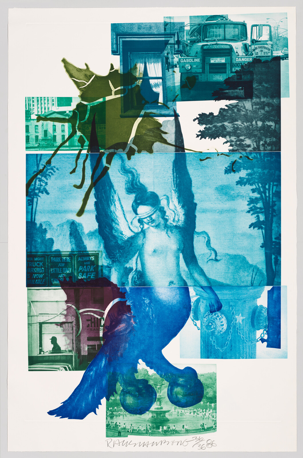 A large blue winged classical figure overlays green and teal urban photographs in a layered collage.