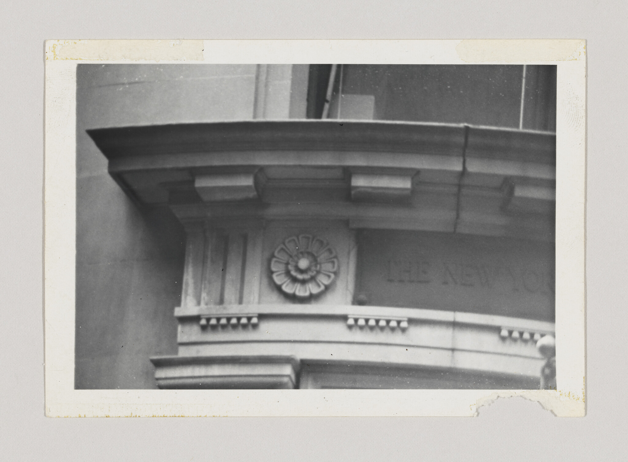 Stone cornice with carved rosette and dentil molding on a historic building facade.