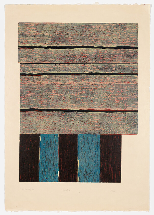 Abstract artwork showing four wide horizontal textured boards above three vertical blue and dark stripes.