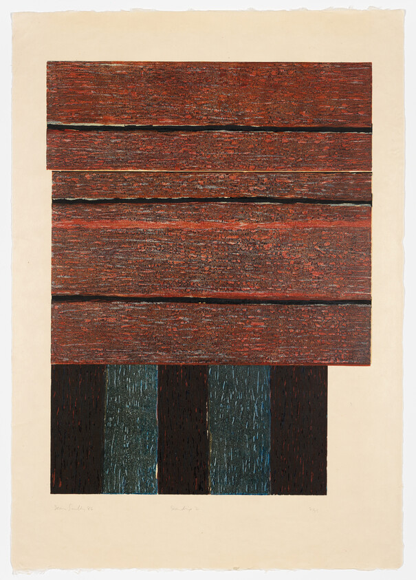 Stacked reddish wooden planks sit above three dark vertical columns with blue streaks on a pale background.
