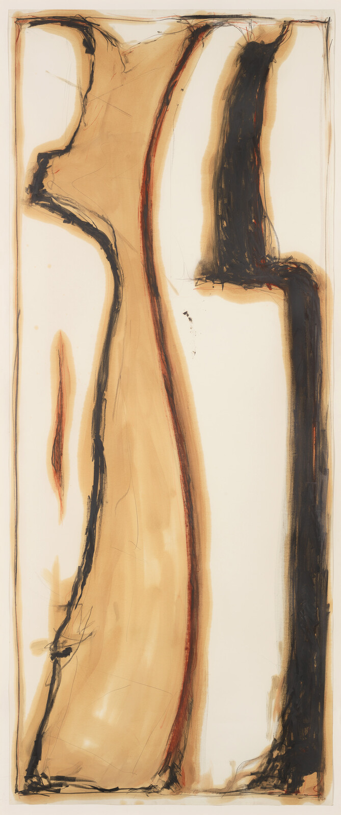 Large abstract painting with sweeping tan and black vertical shapes and thin red accents.