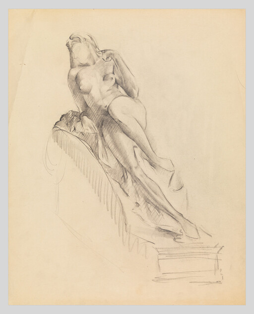 Nude woman reclining on a draped incline with one arm raised in a loose pencil sketch.
