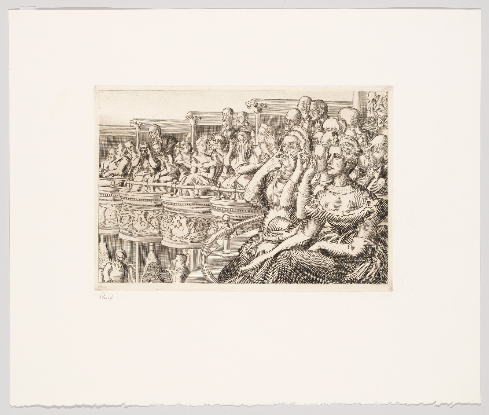 Detailed engraving of a group of people in classical attire, seated in an ornate, tiered gallery. The central figure, a woman, is prominently positioned in the foreground, while various other figures engage in conversation or observe something out of frame. The artwork exhibits intricate linework and shading, suggesting a scene of social gathering or spectacle in a historical or mythological setting. The signature "Rops" is visible in the lower left corner on the white border surrounding the image.