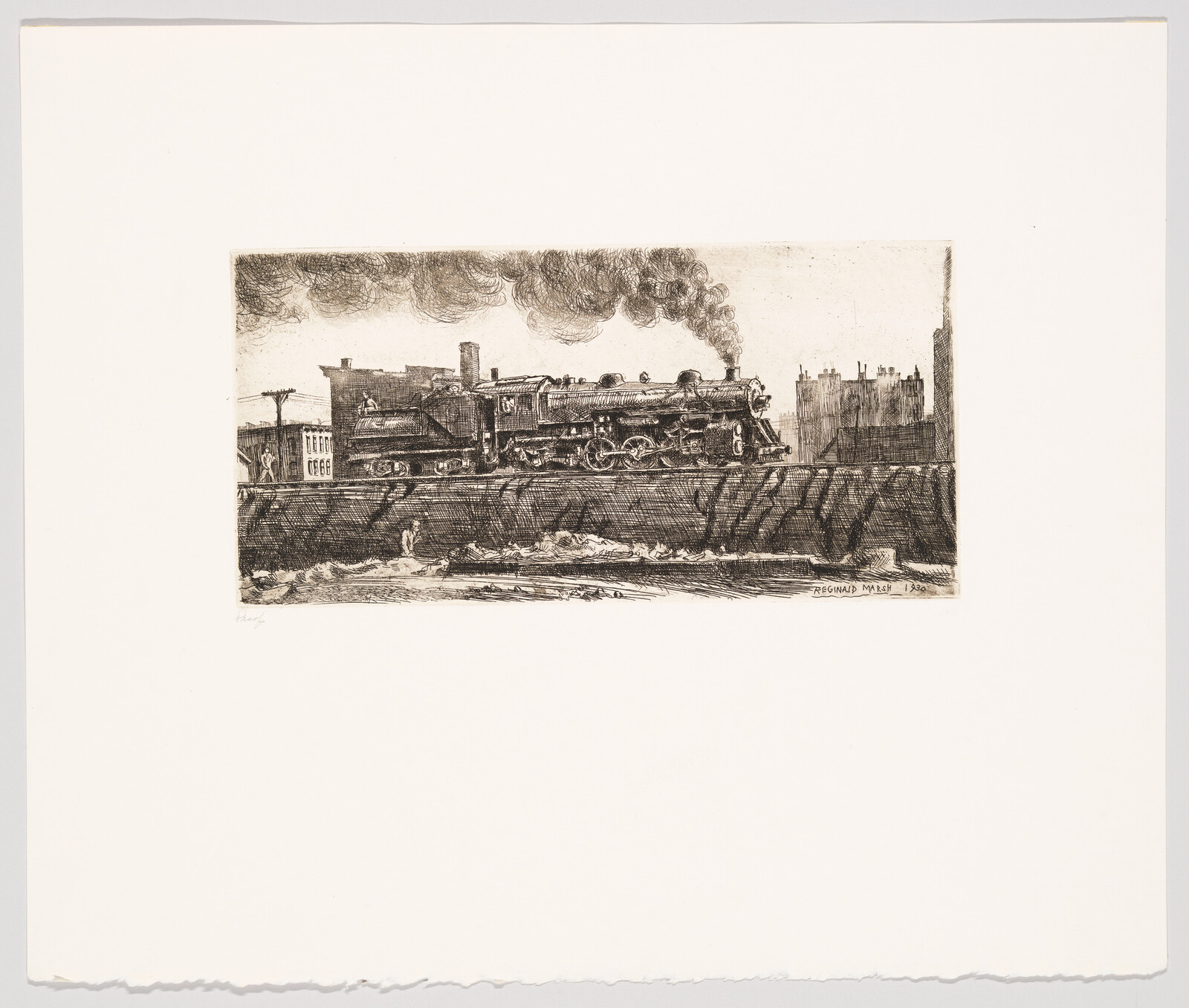 A steam locomotive emits dark smoke while crossing an elevated track above city buildings.