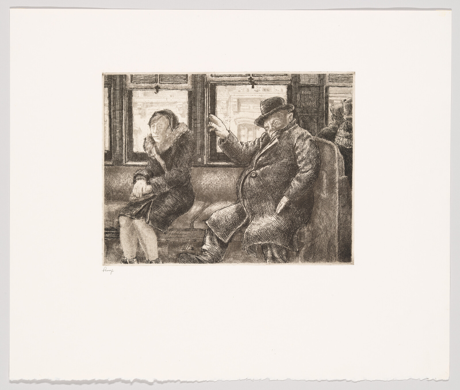 A heavyset man in a hat gestures toward a seated woman who looks uncomfortable on a train.