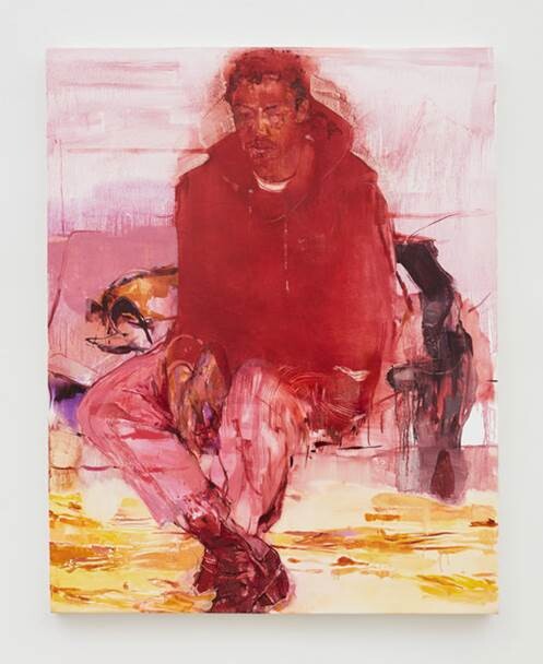 Abstract painting of a seated person in red tones with expressive brushstrokes.