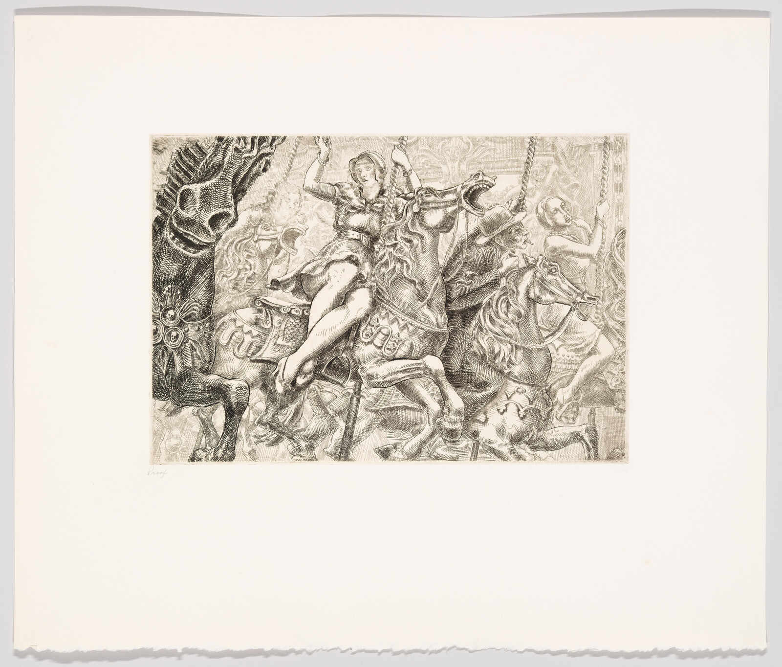 Riders on ornate carousel horses, a woman in the center holding a pole.