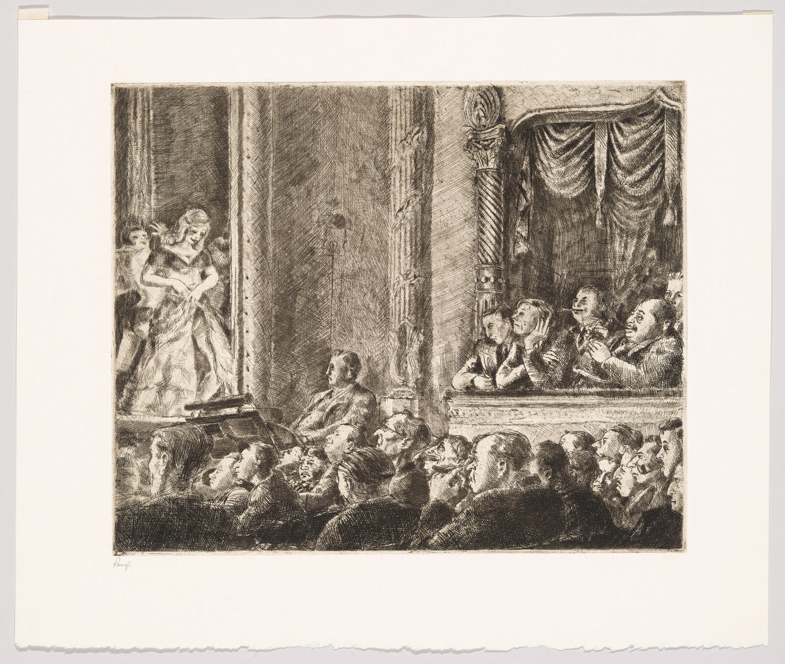 A theater audience watches a woman performer on stage while box patrons clap and react.