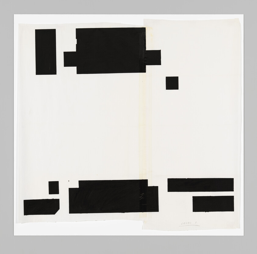 White canvas with several black rectangular blocks arranged near the top and bottom edges.