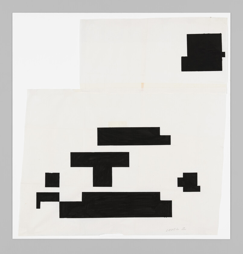 Black rectangular blocks arranged like steps on a large white sheet of paper.