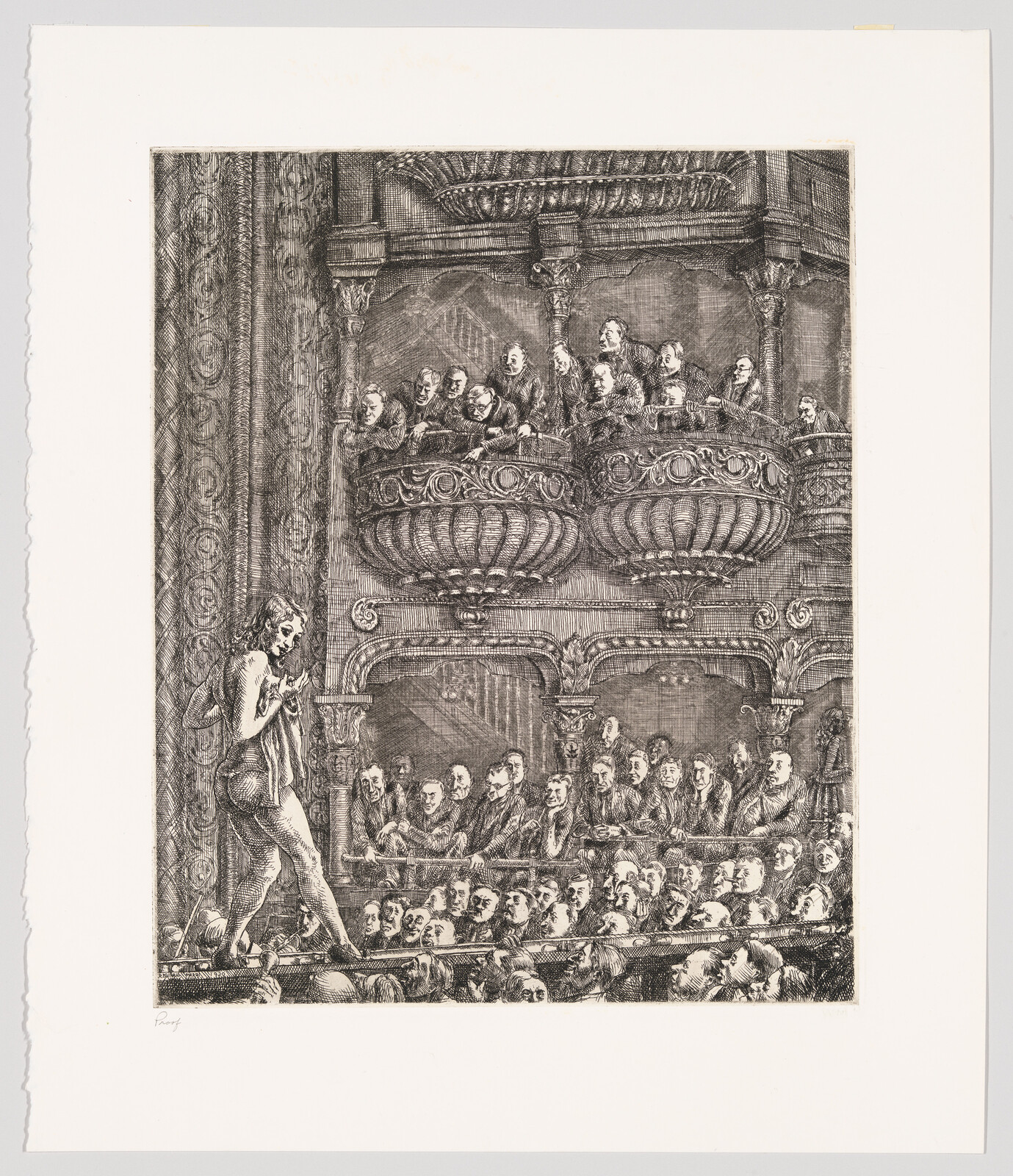 A scantily dressed stage performer crosses the stage while a crowded audience watches from orchestra and ornate balconies.