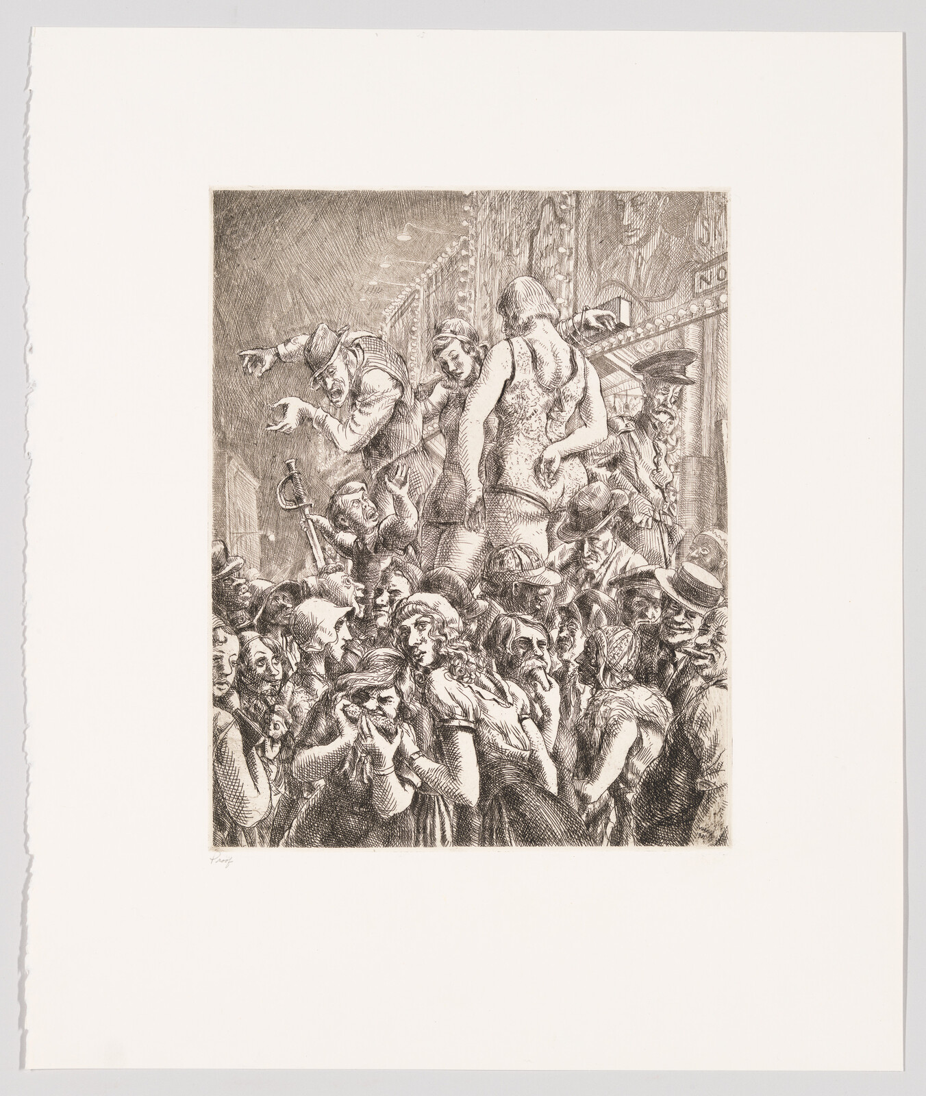 A crowded street audience gawks and gestures at a scantily dressed performer on a raised platform.