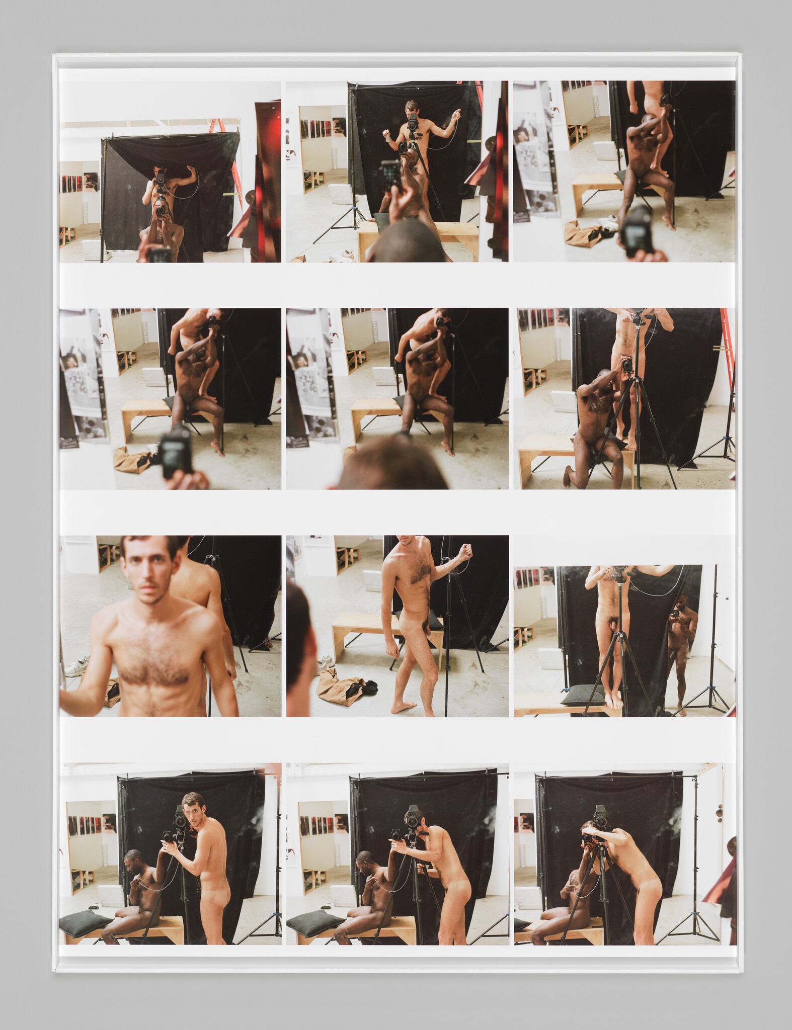 A contact sheet showing a photographer taking pictures of a nude model in a studio.