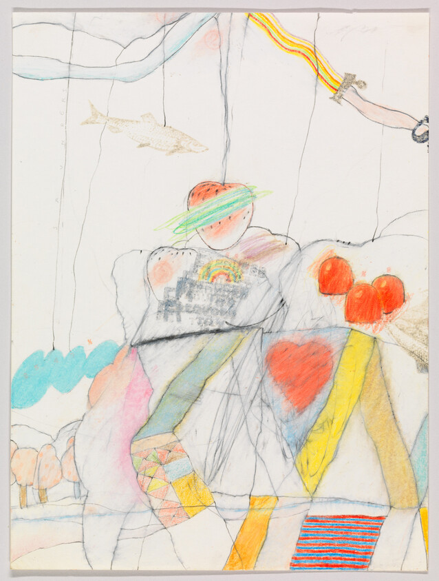 Two abstract puppet-like figures with colorful hearts and patterns stand under hanging strings and a fish.