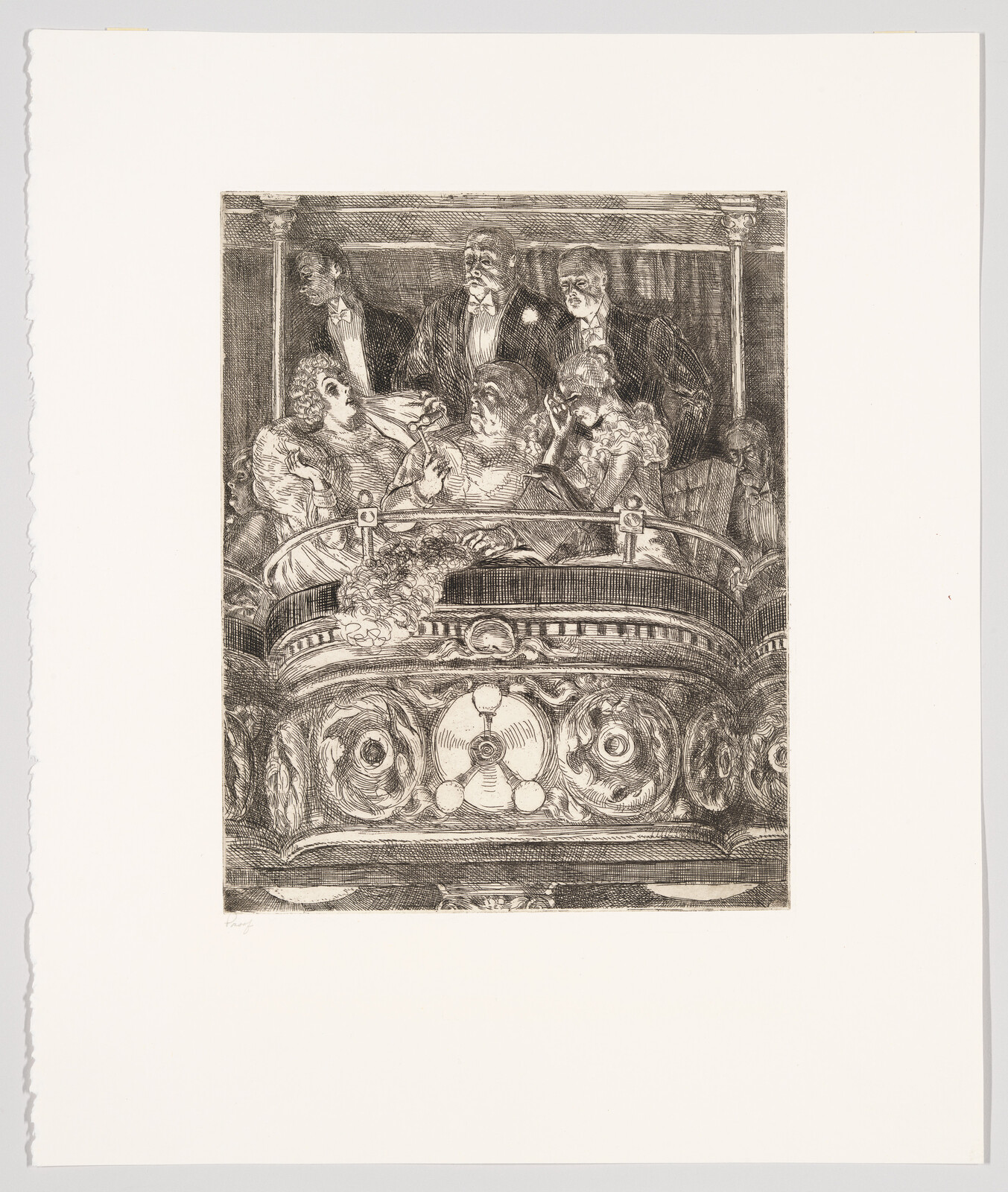 A group of elegantly dressed theatergoers react with surprise and conversation from an ornate balcony box.