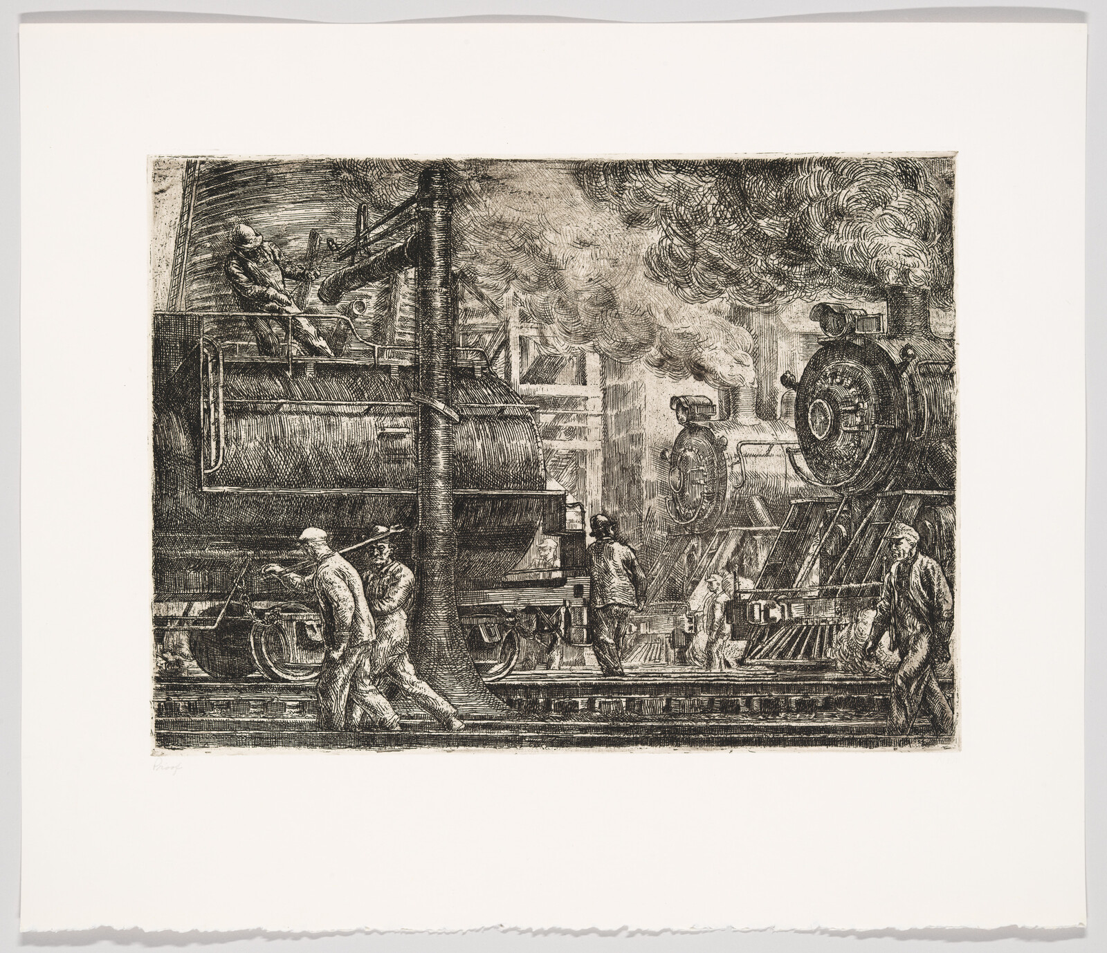 A detailed black and white etching depicting an industrial scene with workers and steam locomotives. Smoke billows from the engines, filling the upper part of the image, while workers engage with machinery and locomotives on tracks below. The artwork captures the energy and intensity of early industrial rail yards.