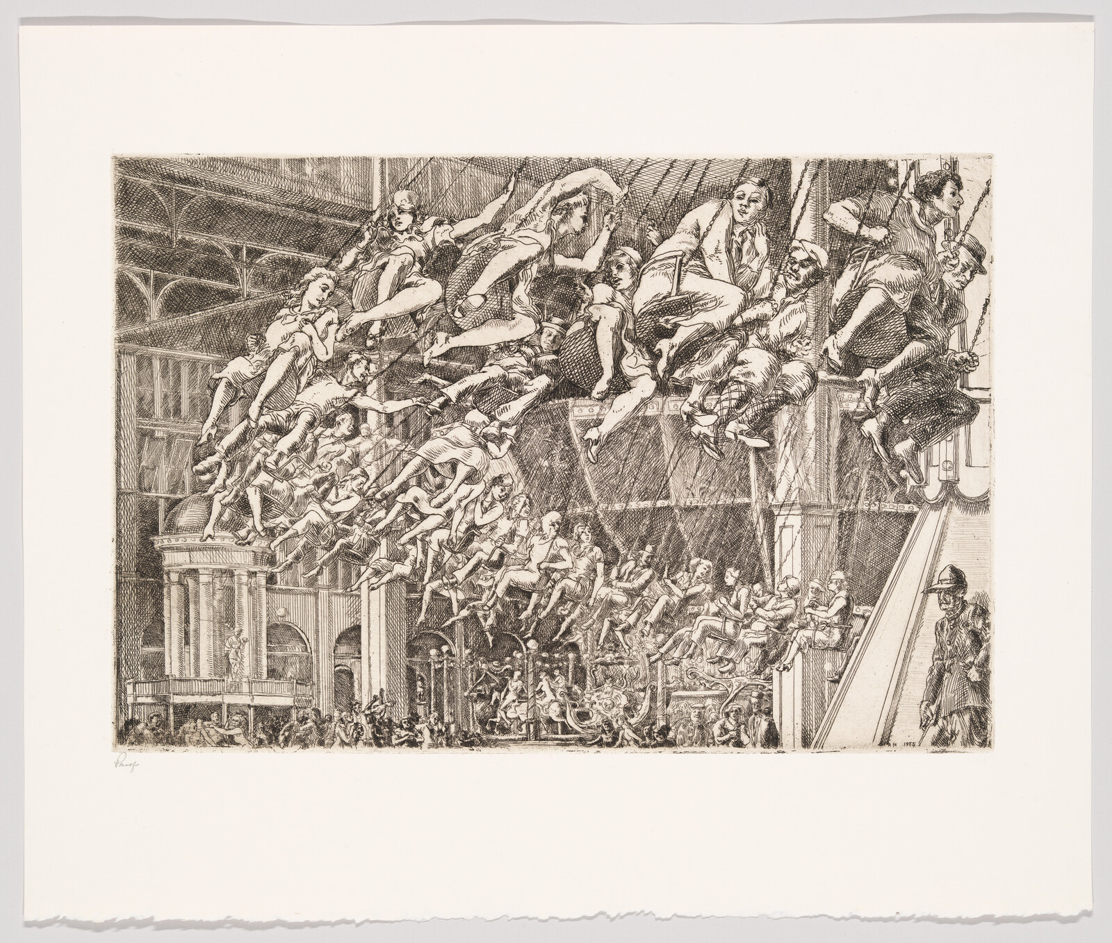 People on swings soar above a crowded ornate theater interior.