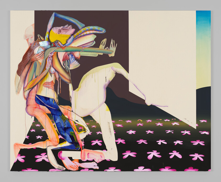 A vibrant and abstract painting featuring a fragmented figure with multiple limbs and overlapping elements in various colors against a background with sections of brown, white, and blue gradients. The bottom of the artwork shows a dark surface scattered with pink floral shapes.