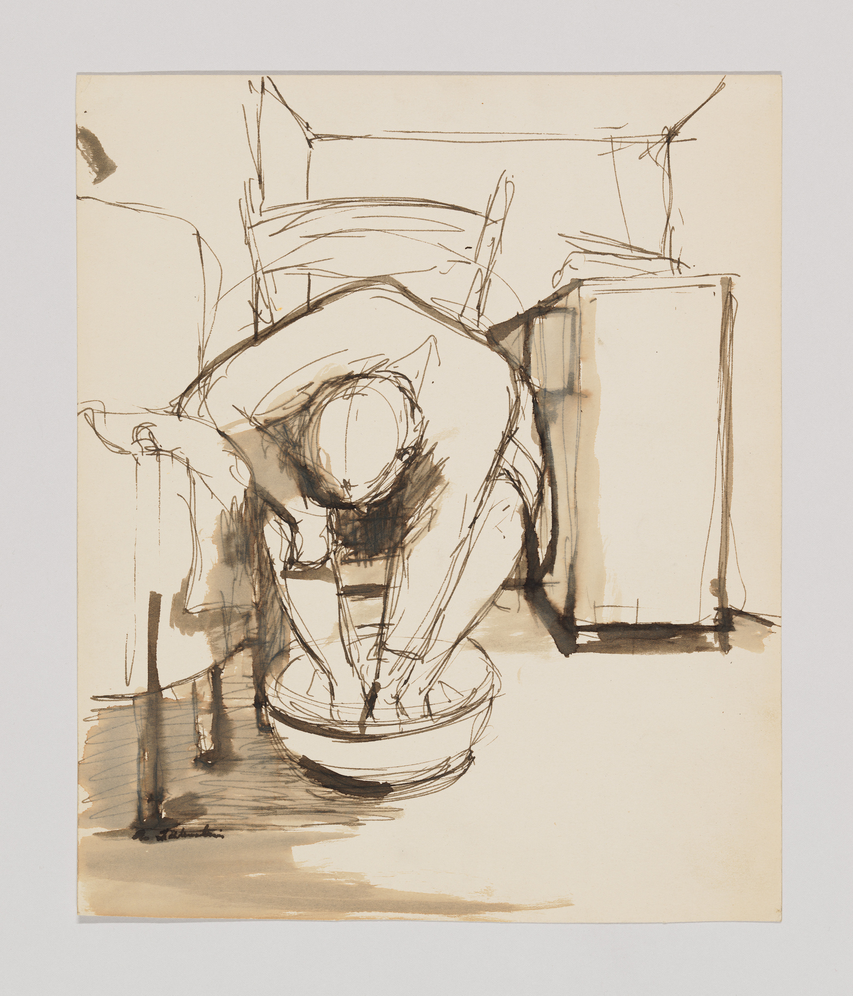 Ink sketch of a figure bending over a bowl on the floor, with loose, expressive lines on a beige background.