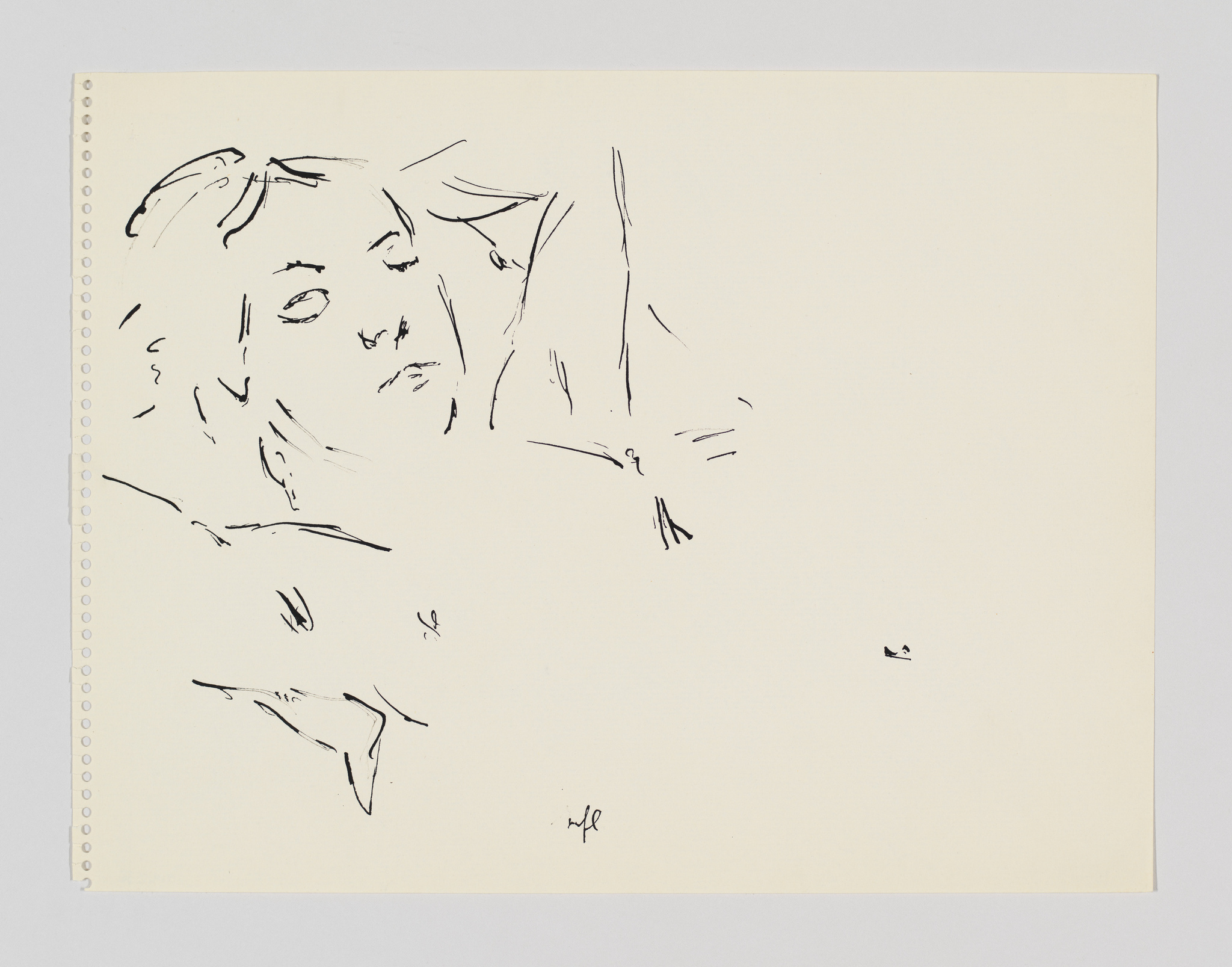 Sketch of a reclining person with loose, expressive lines on a perforated paper.