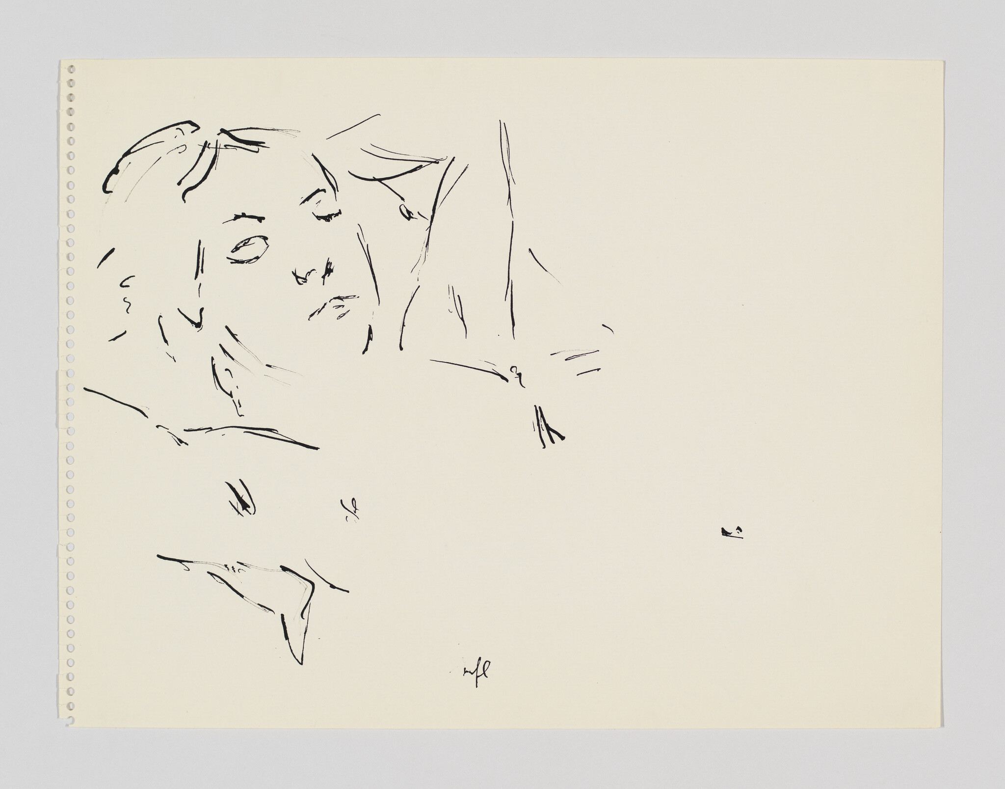 A loose ink sketch of a reclining woman's face and shoulders on perforated paper.