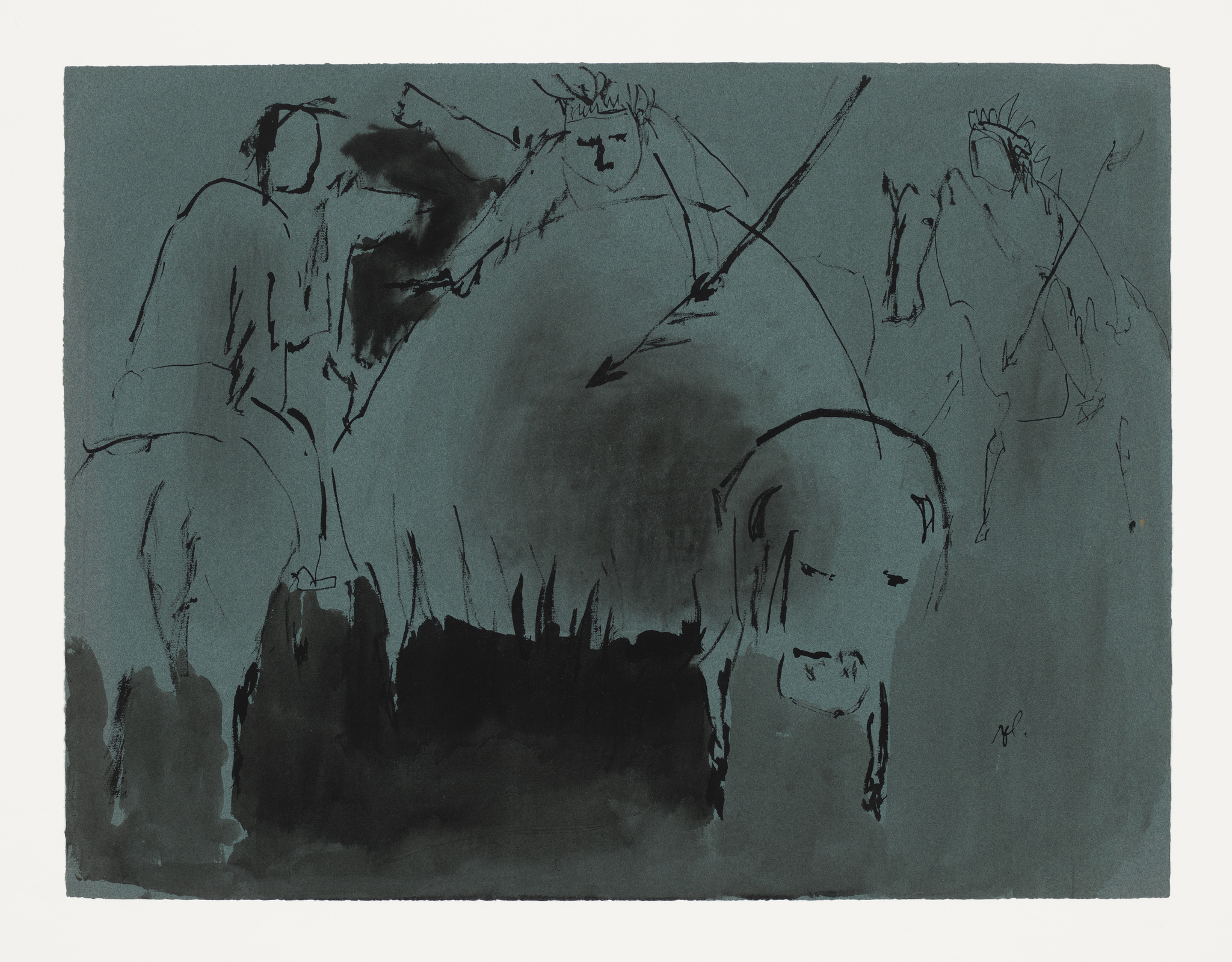 Abstract sketch of figures and horses in black ink on a gray background.