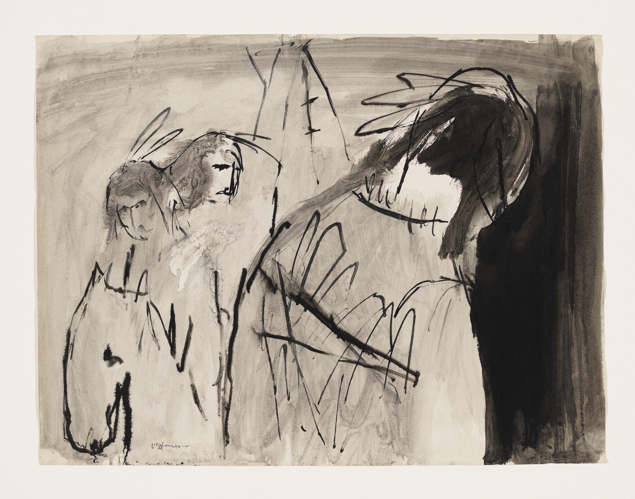 Three loosely sketched horse heads in black ink with bold brush strokes and crosshatching.