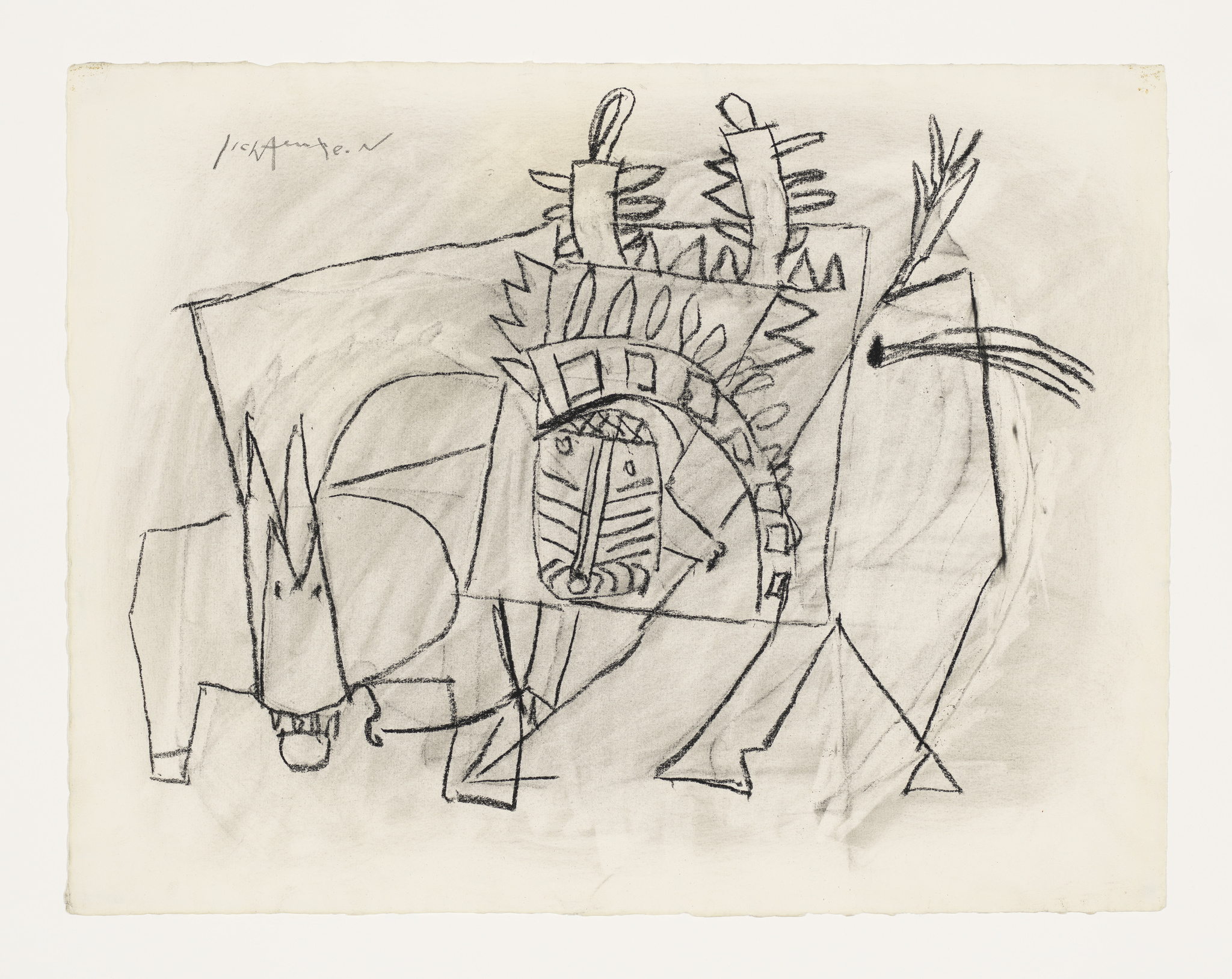 Sketch of abstract figures with a horse-like creature on the left and a humanoid form on the right, on aged paper, signed at the top left.