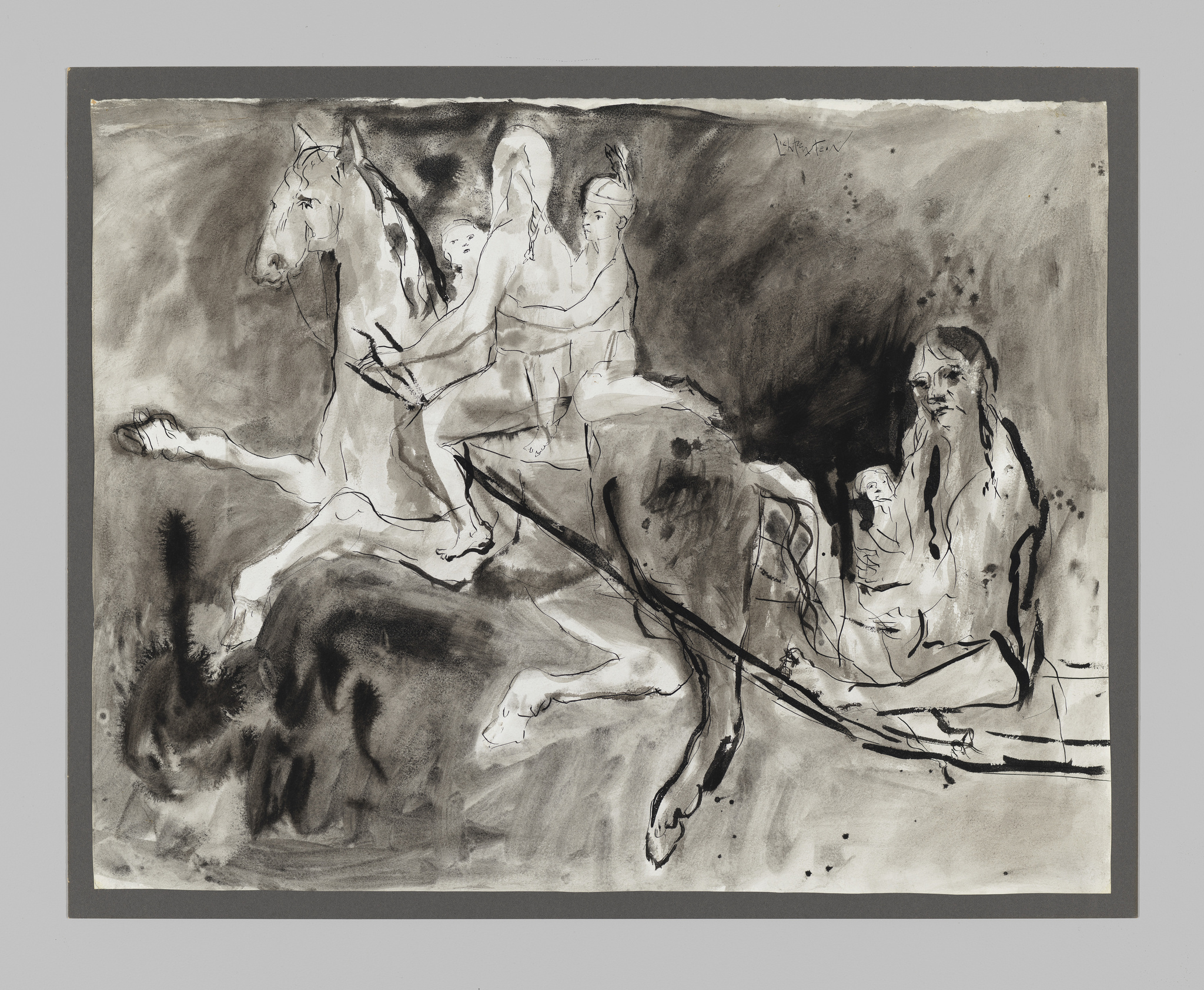 Expressive ink drawing of mythological figures with horses and a seated woman holding a child, signed by the artist.